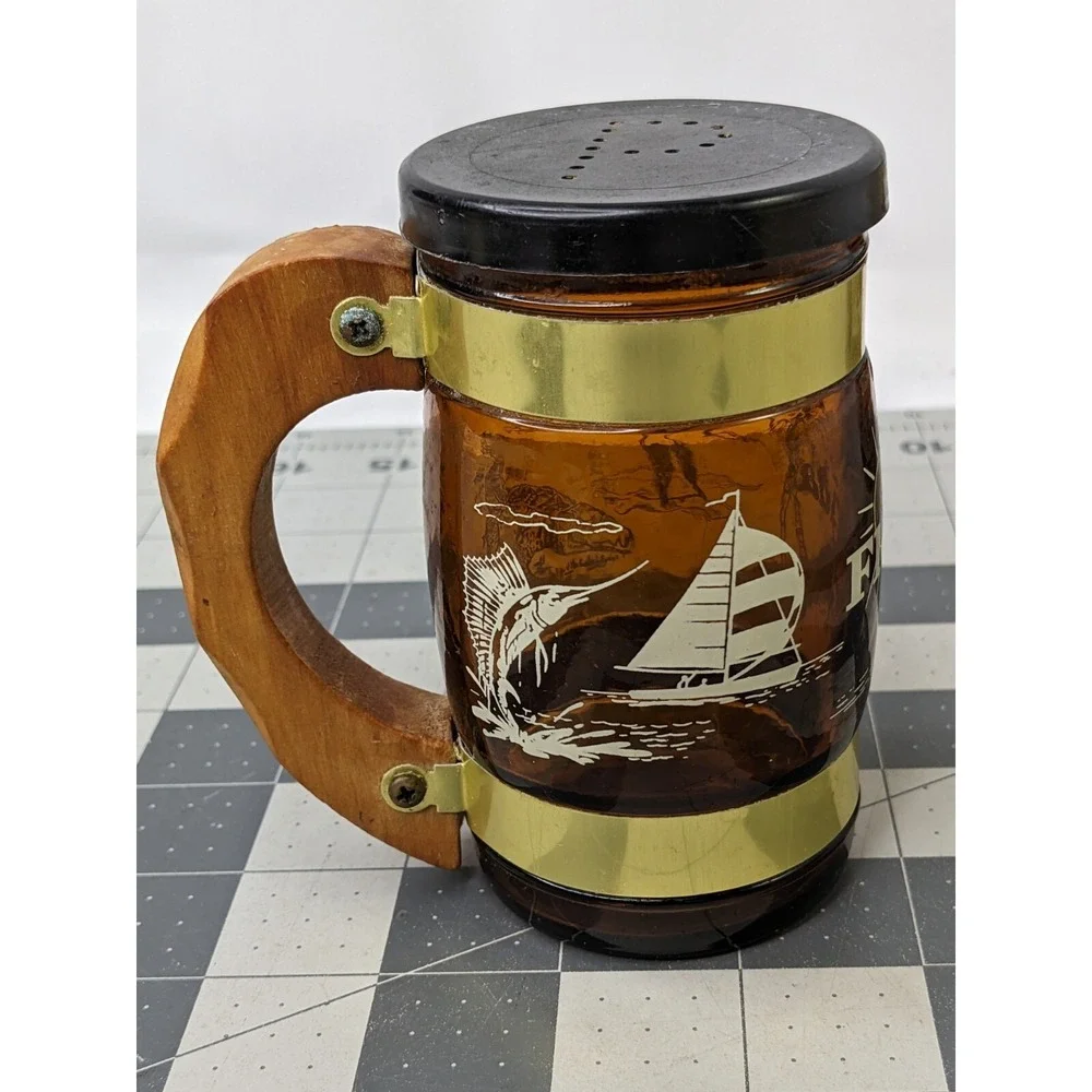 Florida Souvenir Salt Pepper Shaker Glass Mug Stein‎ Wood Handle 4.25 Inch Tall